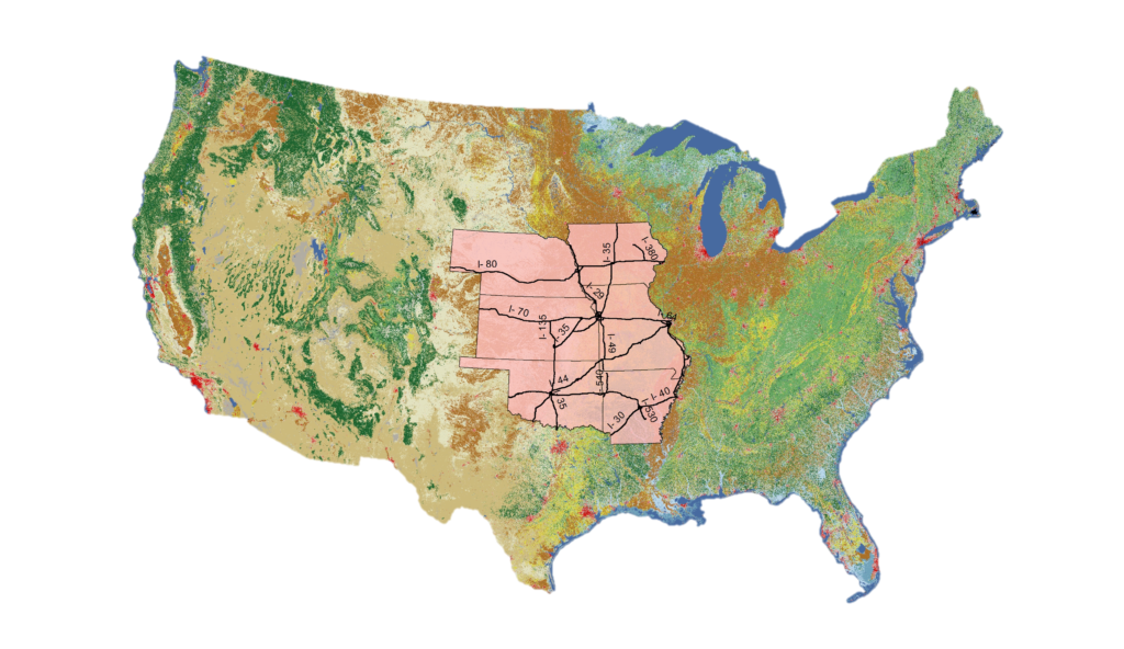 Biomass Site Map for US with emphasis on regional area around Kansas.